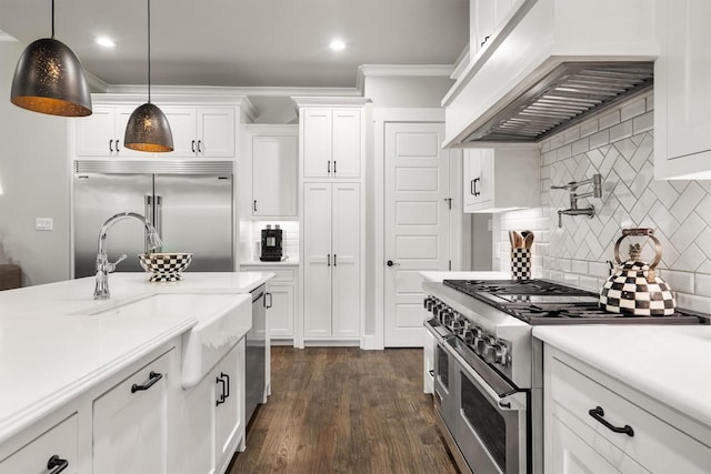 116 Estancia Ct, Decatur, TX 76234 - kitchen featuring premium appliances, custom range hood, decorative backsplash, light countertops, and white cabinetry