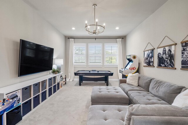 116 Estancia Ct, Decatur, TX 76234 - living area with carpet flooring, a chandelier, pool table, recessed lighting, and baseboards