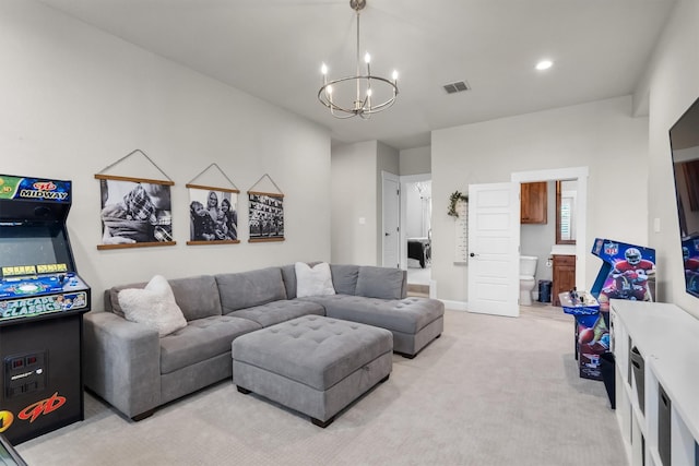 116 Estancia Ct, Decatur, TX 76234 - living room with a chandelier, light colored carpet, and recessed lighting