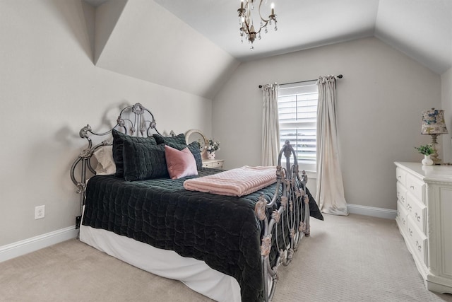 116 Estancia Ct, Decatur, TX 76234 - bedroom featuring light carpet, lofted ceiling, baseboards, and a chandelier