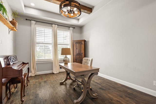 116 Estancia Ct, Decatur, TX 76234 - office area with baseboards, dark wood-style floors, a chandelier, and a raised ceiling