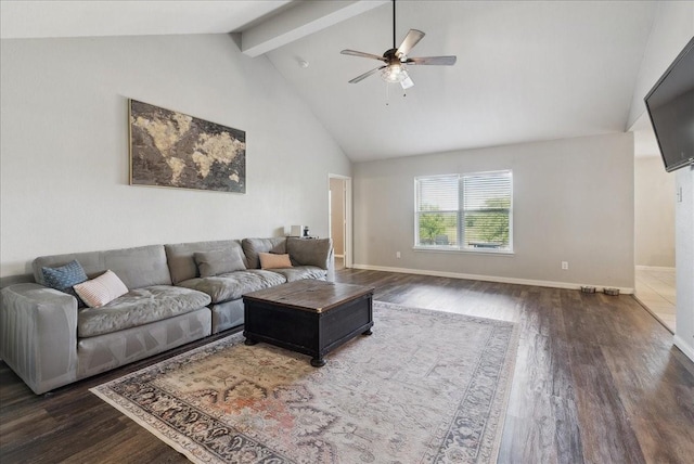 183 Dodge City Trl, Newark, TX 76071 - living room with a ceiling fan, wood finished floors, beamed ceiling, high vaulted ceiling, and baseboards
