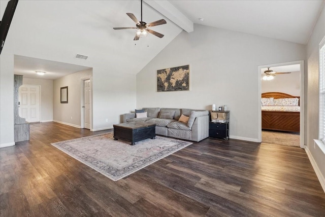 183 Dodge City Trl, Newark, TX 76071 - living area with ceiling fan, high vaulted ceiling, beamed ceiling, wood finished floors, and baseboards