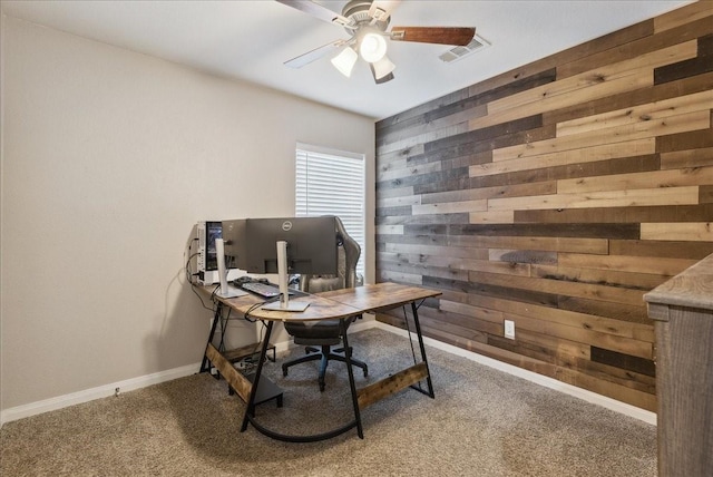 183 Dodge City Trl, Newark, TX 76071 - carpeted office with wood walls, ceiling fan, and baseboards