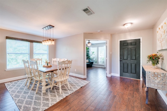 1405 Cardinal Way, Aubrey, TX 76227 - dining space with dark wood-type flooring, baseboards, and ceiling fan