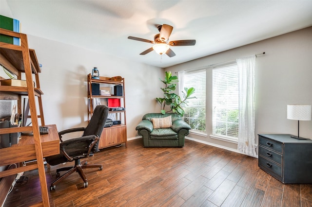 1405 Cardinal Way, Aubrey, TX 76227 - home office with ceiling fan, wood finished floors, and baseboards