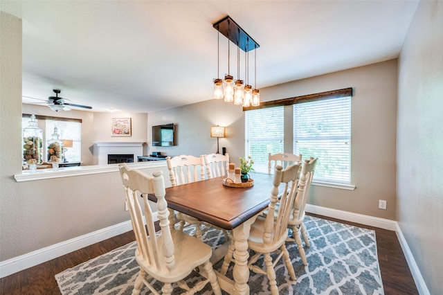 1405 Cardinal Way, Aubrey, TX 76227 - dining room featuring plenty of natural light, a ceiling fan, baseboards, and dark wood-style floors