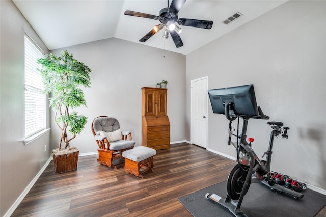 1405 Cardinal Way, Aubrey, TX 76227 - workout room featuring ceiling fan, dark wood-style flooring, lofted ceiling, and baseboards