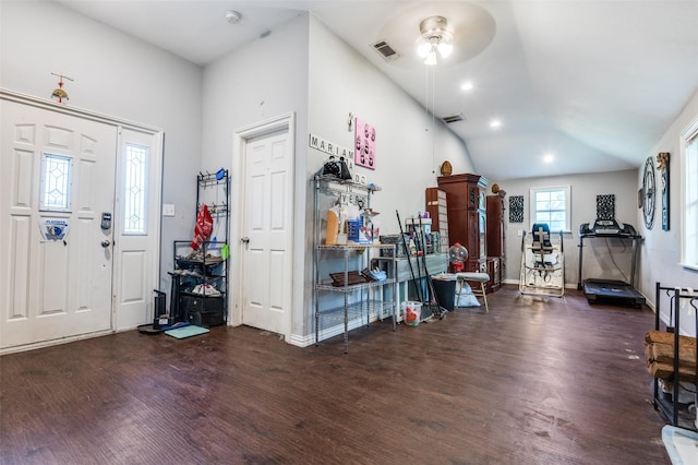 3622 Falls Dr, Dallas, TX 75211 - foyer featuring ceiling fan, wood finished floors, lofted ceiling, and baseboards