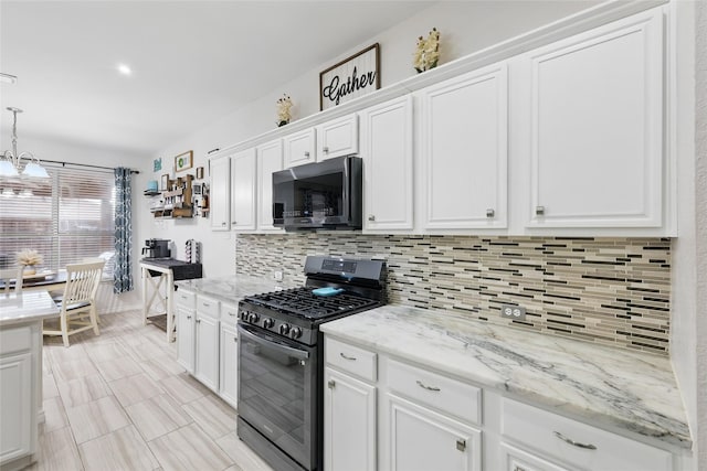 7113 Sundance Ln, Fort Worth, TX 76179 - kitchen with stainless steel gas stove, white cabinets, decorative backsplash, and a chandelier