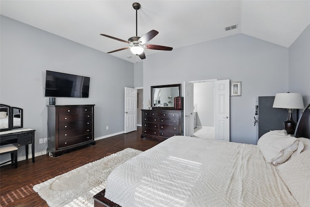 7113 Sundance Ln, Fort Worth, TX 76179 - bedroom with wood finished floors, baseboards, high vaulted ceiling, and ceiling fan
