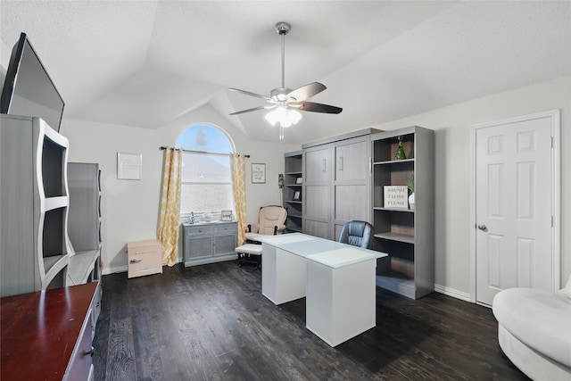 7113 Sundance Ln, Fort Worth, TX 76179 - office featuring ceiling fan, vaulted ceiling, dark wood-type flooring, and baseboards