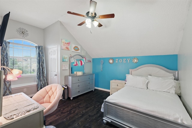7113 Sundance Ln, Fort Worth, TX 76179 - bedroom featuring wood finished floors, lofted ceiling, baseboards, and a ceiling fan