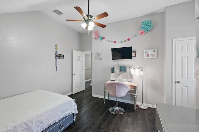 7113 Sundance Ln, Fort Worth, TX 76179 - bedroom featuring dark wood-type flooring, baseboards, vaulted ceiling, and ceiling fan