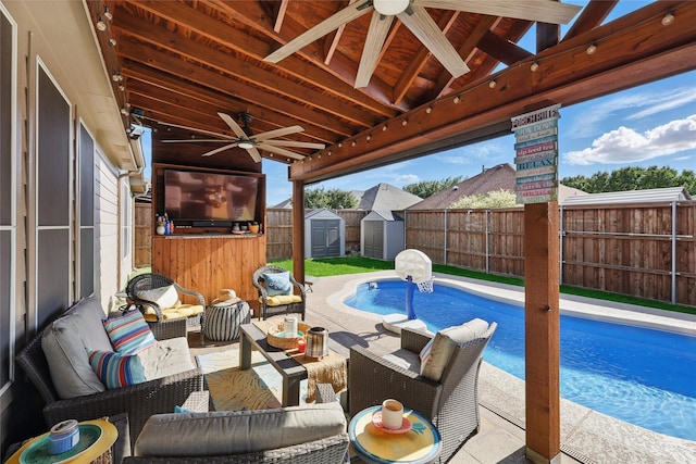 7113 Sundance Ln, Fort Worth, TX 76179 - view of swimming pool featuring a ceiling fan, outdoor lounge area, and a fenced backyard