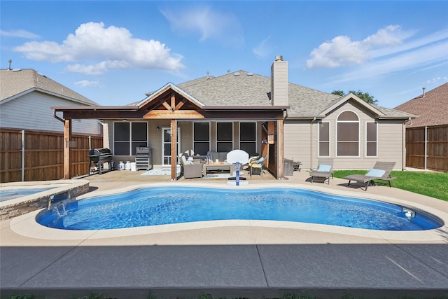 7113 Sundance Ln, Fort Worth, TX 76179 - view of swimming pool with a patio, grilling area, a fenced backyard, and a pool with connected hot tub