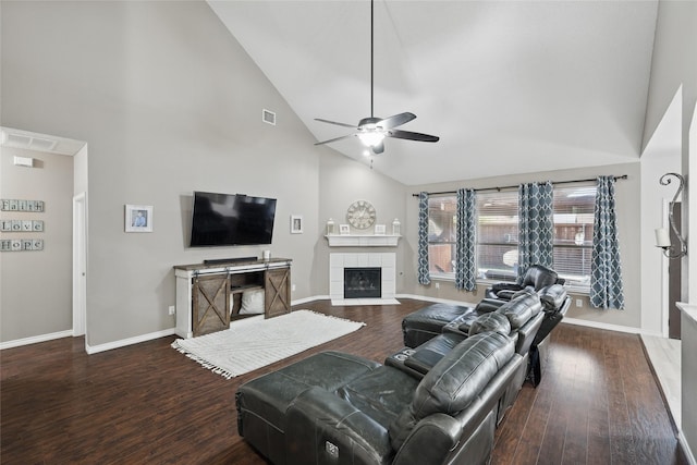 7113 Sundance Ln, Fort Worth, TX 76179 - living area with high vaulted ceiling, a ceiling fan, wood finished floors, and baseboards