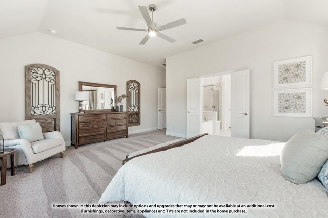 12709 Cactus Ct, Godley, TX 76044 - carpeted bedroom featuring vaulted ceiling, ensuite bathroom, and ceiling fan