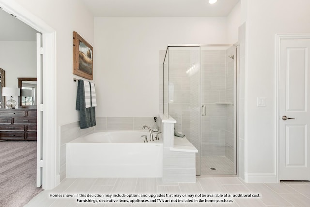 12709 Cactus Ct, Godley, TX 76044 - bathroom featuring a garden tub, a shower stall, vanity, and tile patterned flooring