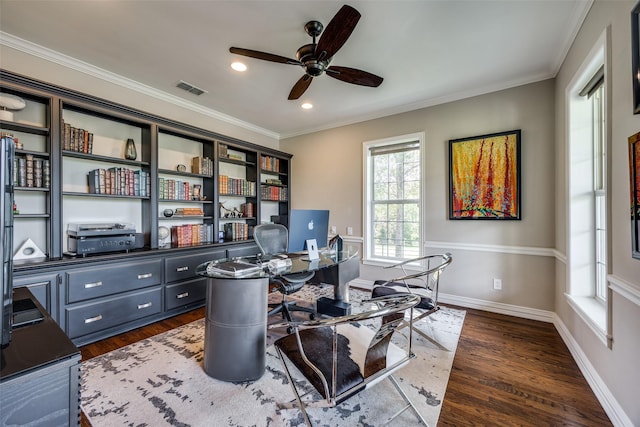 6801 Fm 2709, Athens, TX 75752 - home office with a ceiling fan, dark wood-type flooring, crown molding, baseboards, and recessed lighting