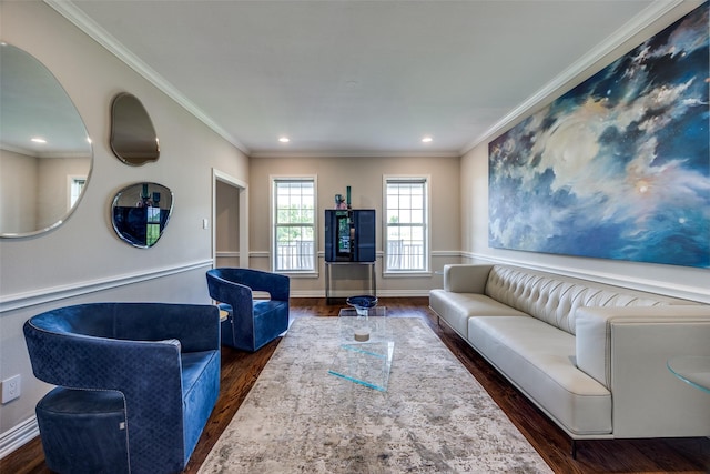 6801 Fm 2709, Athens, TX 75752 - living room with dark wood-style flooring, crown molding, baseboards, and recessed lighting