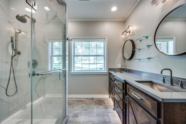 6801 Fm 2709, Athens, TX 75752 - full bathroom with a marble finish shower, double vanity, ornamental molding, and baseboards