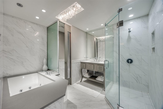 6801 Fm 2709, Athens, TX 75752 - bathroom featuring a shower stall, vanity, a whirlpool tub, tile walls, and marble finish floors
