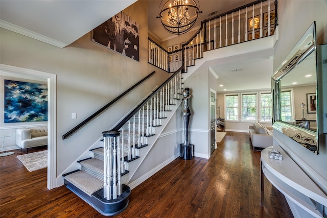 6801 Fm 2709, Athens, TX 75752 - stairway with ornamental molding, wood finished floors, a chandelier, recessed lighting, and baseboards