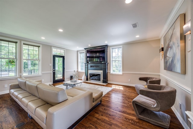 6801 Fm 2709, Athens, TX 75752 - living area with crown molding, recessed lighting, dark wood finished floors, baseboards, and a fireplace