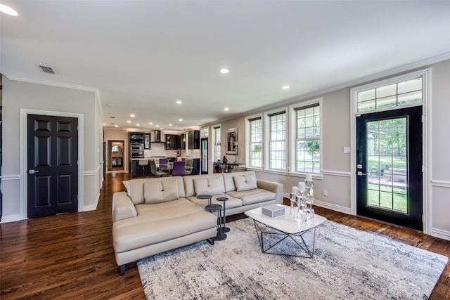 6801 Fm 2709, Athens, TX 75752 - living room with crown molding, dark wood-type flooring, recessed lighting, and baseboards