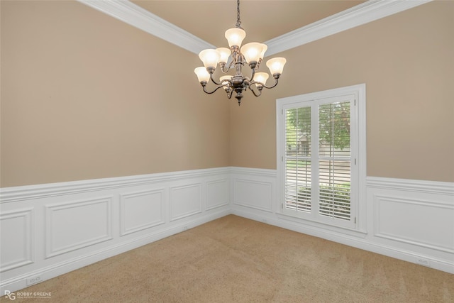444 Grand Oaks Dr, Shreveport, LA 71106 - unfurnished room featuring a chandelier, a wainscoted wall, light colored carpet, and crown molding