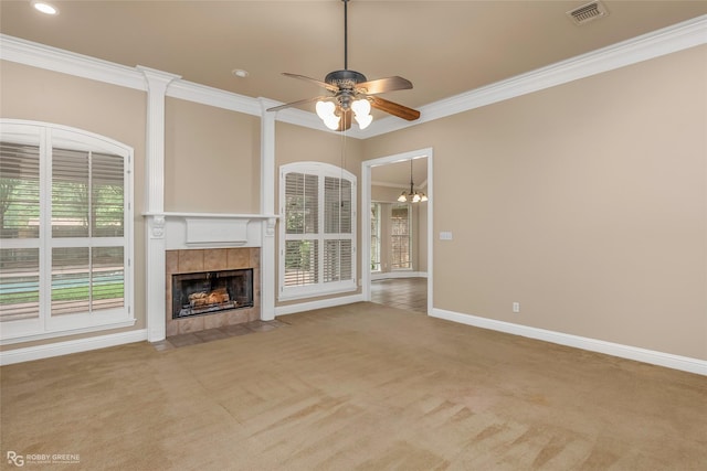 444 Grand Oaks Dr, Shreveport, LA 71106 - unfurnished living room with crown molding, carpet, a fireplace, ceiling fan, and baseboards