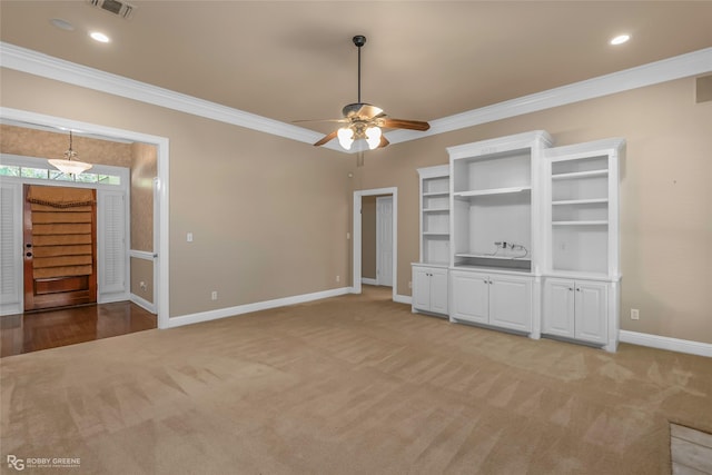 444 Grand Oaks Dr, Shreveport, LA 71106 - unfurnished living room with crown molding, baseboards, light carpet, a ceiling fan, and recessed lighting