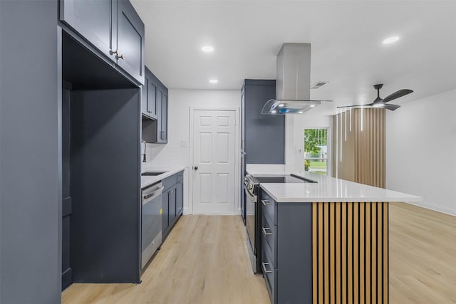 614 Edgedale, Dallas, TX 75232 - kitchen featuring a peninsula, black / electric stove, island range hood, dishwasher, and light wood-style floors