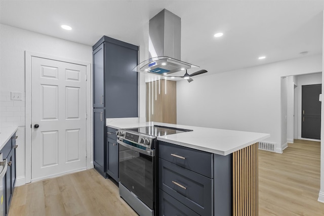 614 Edgedale, Dallas, TX 75232 - kitchen featuring electric stove, island exhaust hood, a peninsula, light wood-type flooring, and recessed lighting
