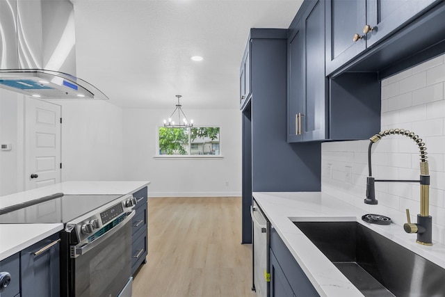 614 Edgedale, Dallas, TX 75232 - kitchen with wall chimney range hood, a sink, appliances with stainless steel finishes, blue cabinets, and recessed lighting