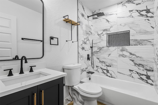 614 Edgedale, Dallas, TX 75232 - full bathroom featuring vanity, shower / bath combination, a textured wall, and toilet