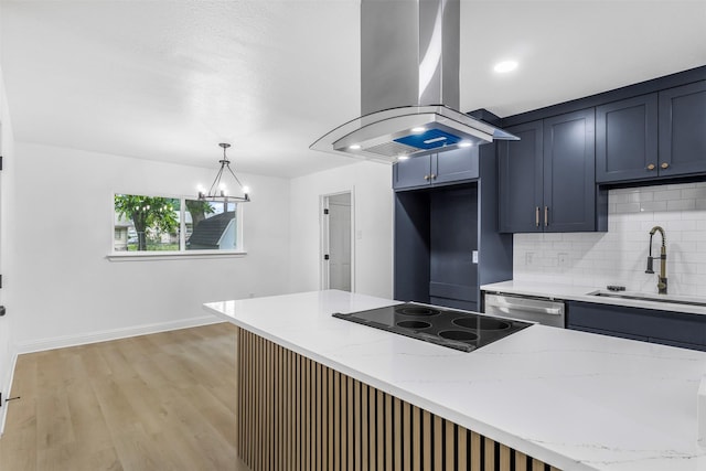 614 Edgedale, Dallas, TX 75232 - kitchen with island exhaust hood, a sink, black electric stovetop, stainless steel dishwasher, and backsplash