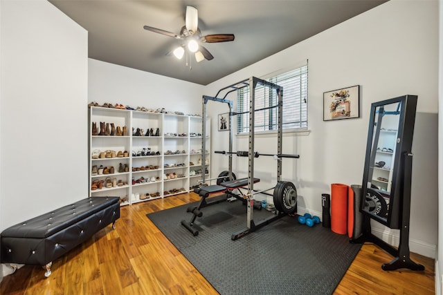 2405 La Costa Dr, Rowlett, TX 75088 - exercise room with a ceiling fan, wood finished floors, and baseboards