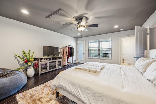 2405 La Costa Dr, Rowlett, TX 75088 - bedroom with recessed lighting, dark wood finished floors, and ceiling fan