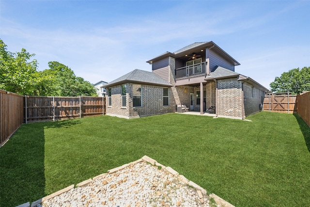 2405 La Costa Dr, Rowlett, TX 75088 - rear view of property featuring a balcony, brick siding, ceiling fan, a patio, and a shingled roof