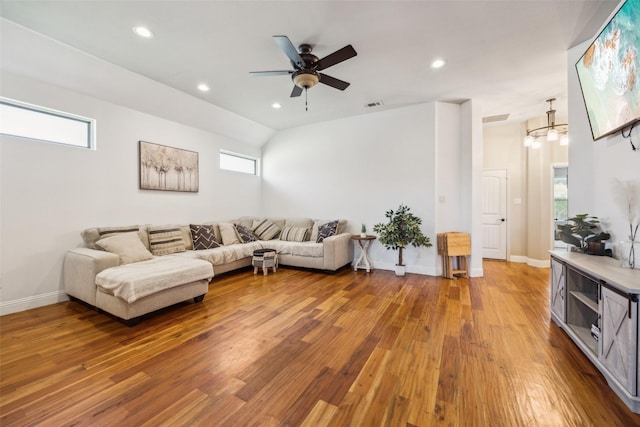 2405 La Costa Dr, Rowlett, TX 75088 - living room featuring ceiling fan, wood finished floors, recessed lighting, and baseboards