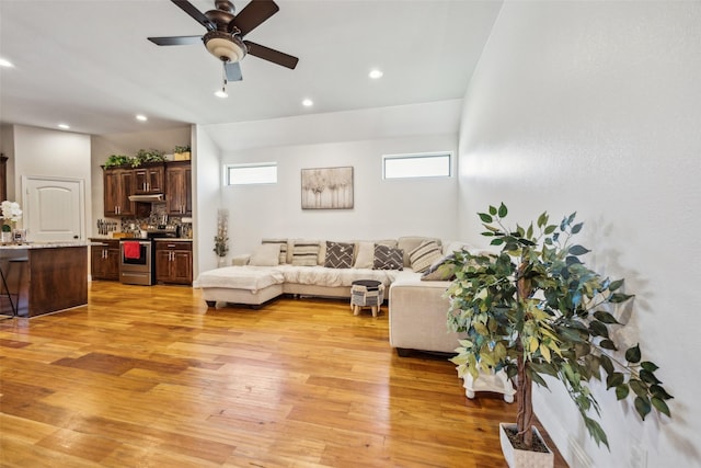 2405 La Costa Dr, Rowlett, TX 75088 - living area featuring light wood-style flooring, ceiling fan, and recessed lighting