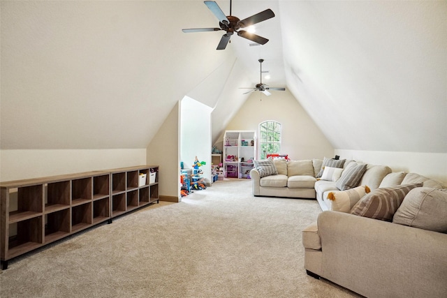 304 Van Oaks Dr, Colleyville, TX 76034 - carpeted living room with ceiling fan and lofted ceiling