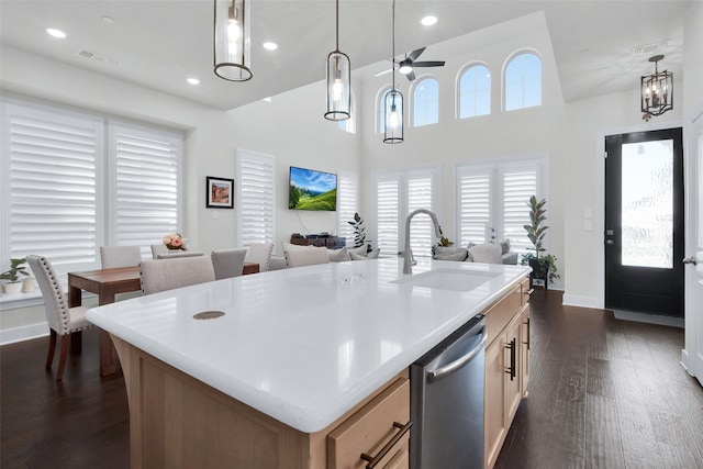 3736 Queen Rd, Sherman, TX 75090 - kitchen featuring dishwasher, a sink, baseboards, dark wood finished floors, and recessed lighting