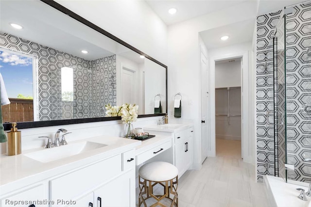 11760 Edgewood Dr, Justin, TX 76247 - full bathroom featuring double vanity, recessed lighting, a bath, and tiled shower