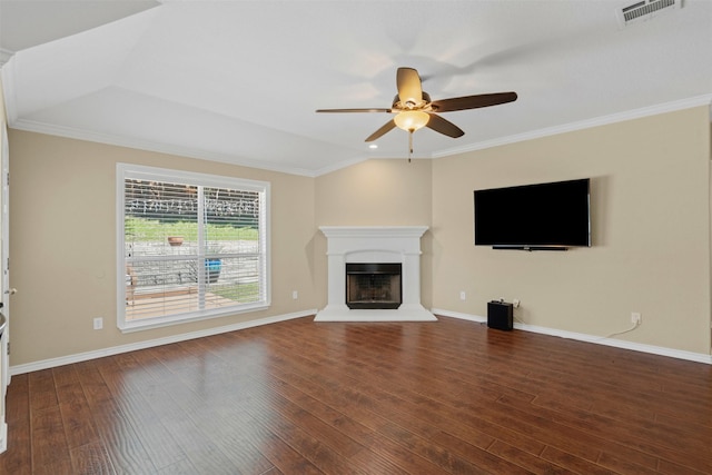 235 Carriage Dr, Willow Park, TX 76087 - unfurnished living room with ceiling fan, a fireplace with raised hearth, wood finished floors, baseboards, and crown molding
