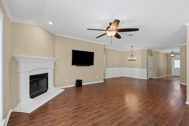 235 Carriage Dr, Willow Park, TX 76087 - unfurnished living room featuring a chandelier, a fireplace with raised hearth, wood finished floors, ceiling fan, and recessed lighting