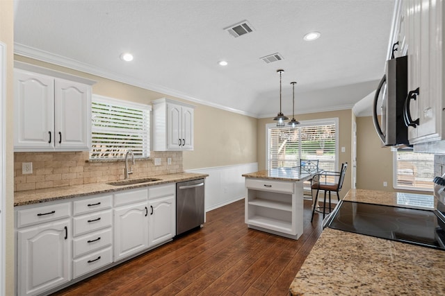 235 Carriage Dr, Willow Park, TX 76087 - kitchen featuring appliances with stainless steel finishes, a sink, dark wood-style flooring, white cabinetry, and open shelves