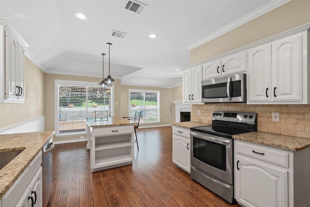 235 Carriage Dr, Willow Park, TX 76087 - kitchen with appliances with stainless steel finishes, dark wood-style floors, white cabinetry, ornamental molding, and pendant lighting